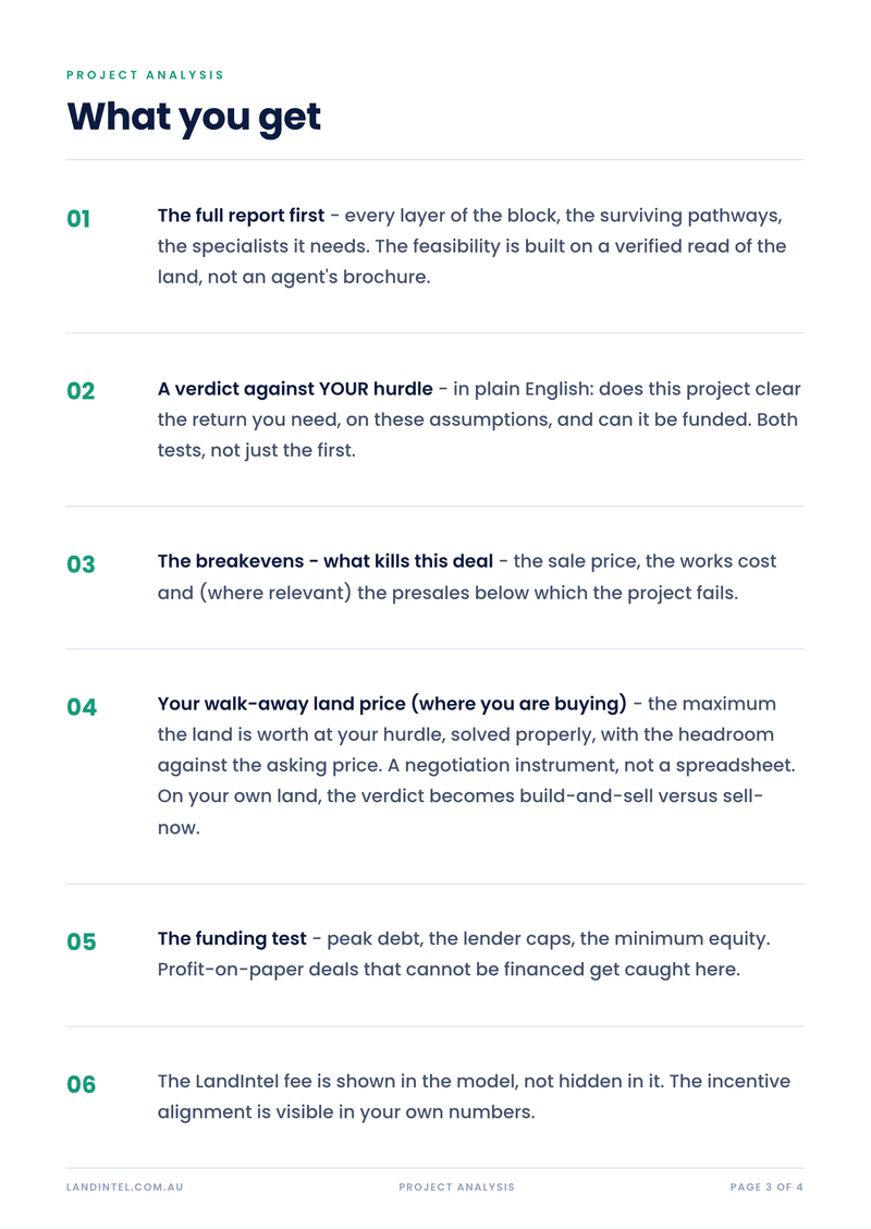 What a Project Analysis includes - the report, the verdict, the breakevens, the walk-away land price and the funding test